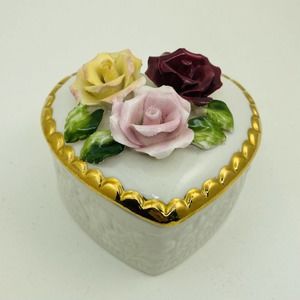 Vintage Hand Painted China Heart Shaped Trinket Dish with lid